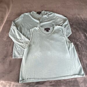 Vintage Herman Geist Sweater Set Womens XL Blue Brown Trim 2 Piece Cardigan Prep